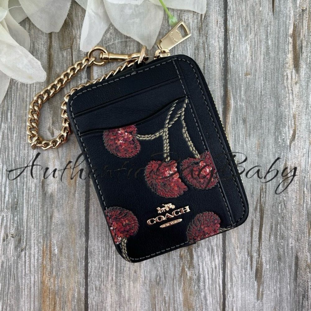 Coach Zip Card Case With Cherry Print Smooth Leather Wallet Bag Purse